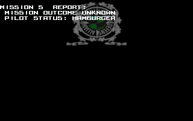 Airstrike (DOS) screenshot: Mission 5 debrief: Hamburger.