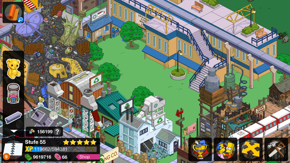 The Simpsons: Tapped Out (Android) screenshot: Monorail Quest 2015: Two stations and the recycling sides.