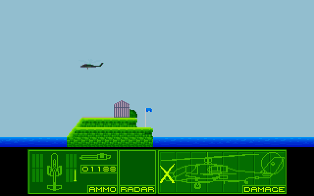 Airstrike (DOS) screenshot: I'm over the FARP landing site, we must land as on the carrier. Rearm & repair is instant.