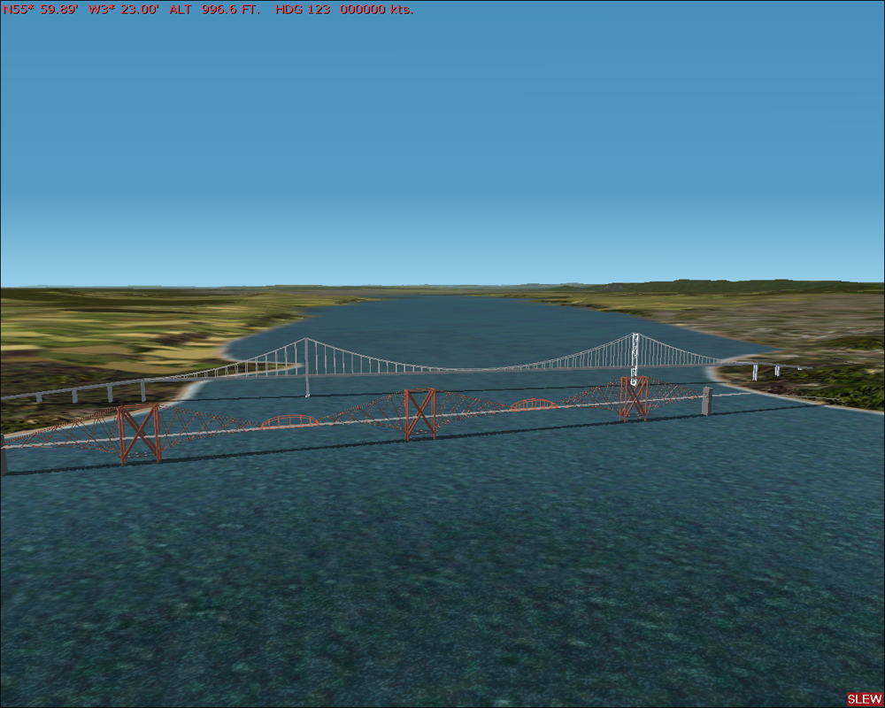 GB Airports (Windows) screenshot: Edinburgh - The surrounding area now has the red Forth Rail bridge in place; the default MS scenery only show the road bridge.