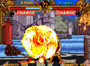 Double Dragon (Neo Geo) screenshot: Surrounded by fire, Burnov smashes violently everybody and everything in your way.