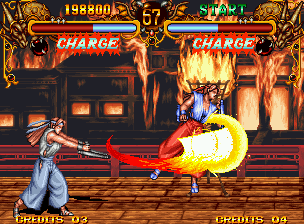 Double Dragon (Neo Geo) screenshot: Rebecca's Super Move remembers slightly a Sonic Boom. But, leaving of side the similarities, this move is sufficiently powerful!