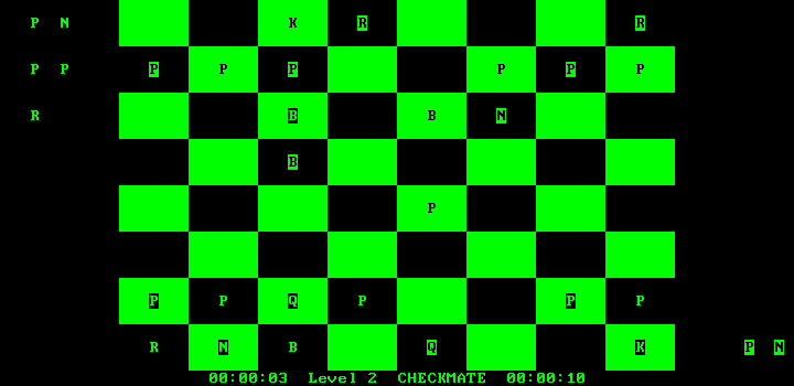 SPOC the Chess Master (DOS) screenshot: Checkmate! (v1.0, monochrome)