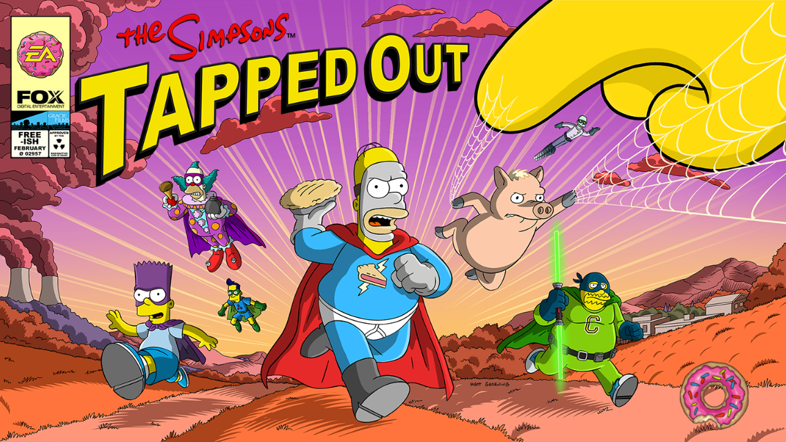 The Simpsons: Tapped Out (iPhone) screenshot: Splash screen Superheroes 2015 Event