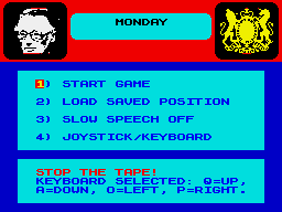 Yes Prime Minister: The Computer Game (ZX Spectrum) screenshot: Main menu