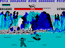 Yie Ar Kung-Fu (ZX Spectrum) screenshot: Star will throw shurikens at you so jumping is a good way of avoiding them