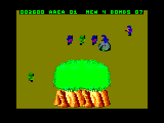 Commando (Amstrad CPC) screenshot: A fellow P.O.W. held hostage by two guards