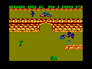 Commando (Amstrad CPC) screenshot: Five bombs located near a bridge