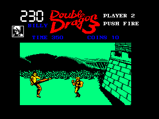 Double Dragon 3: The Rosetta Stone (Amstrad CPC) screenshot: Boss kicks at nothingness
