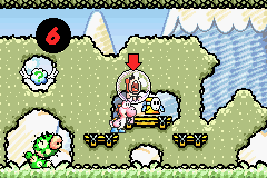 Yoshi's Island: Super Mario Advance 3 (Game Boy Advance) screenshot: When hit, Mario falls off the Yoshi and resides in a bubble until the Yoshi rescues him.