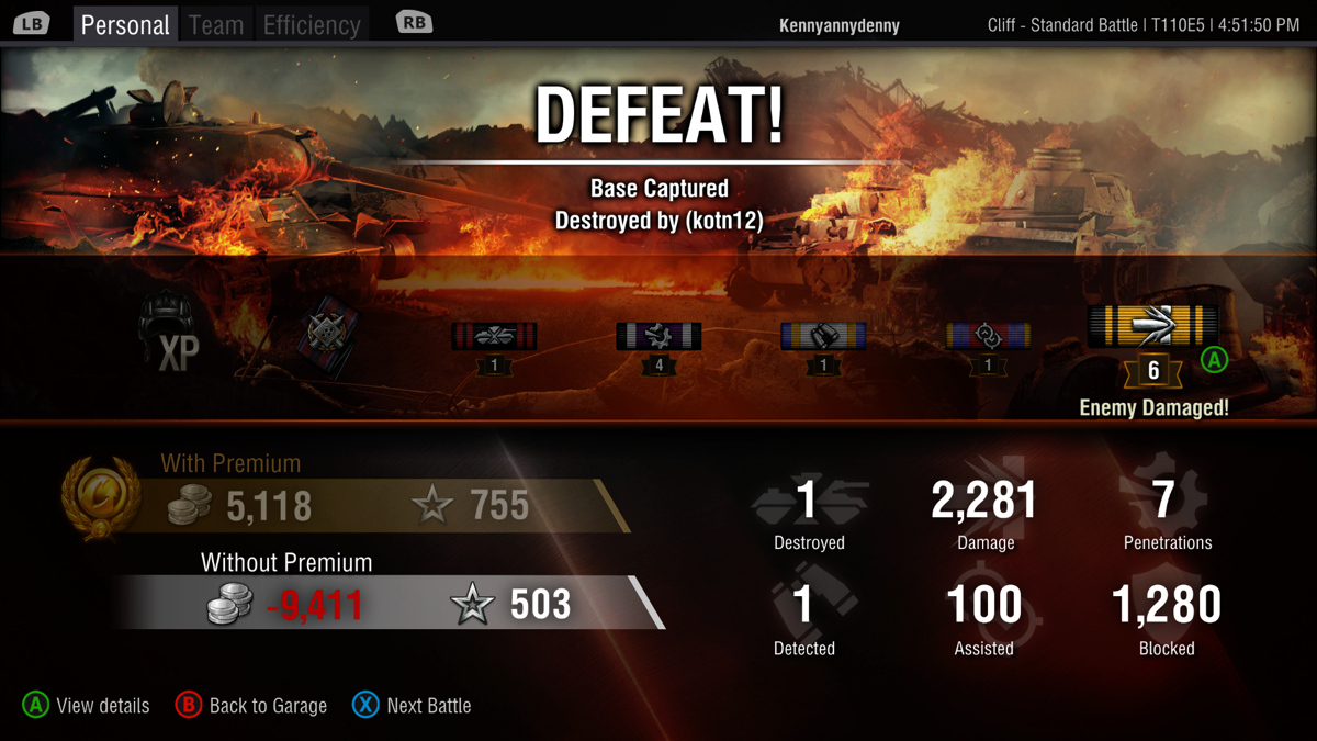 World of Tanks: Xbox 360 Edition (Xbox One) screenshot: Unfortunately my teammates didn't make it after my death. We have been defeated.