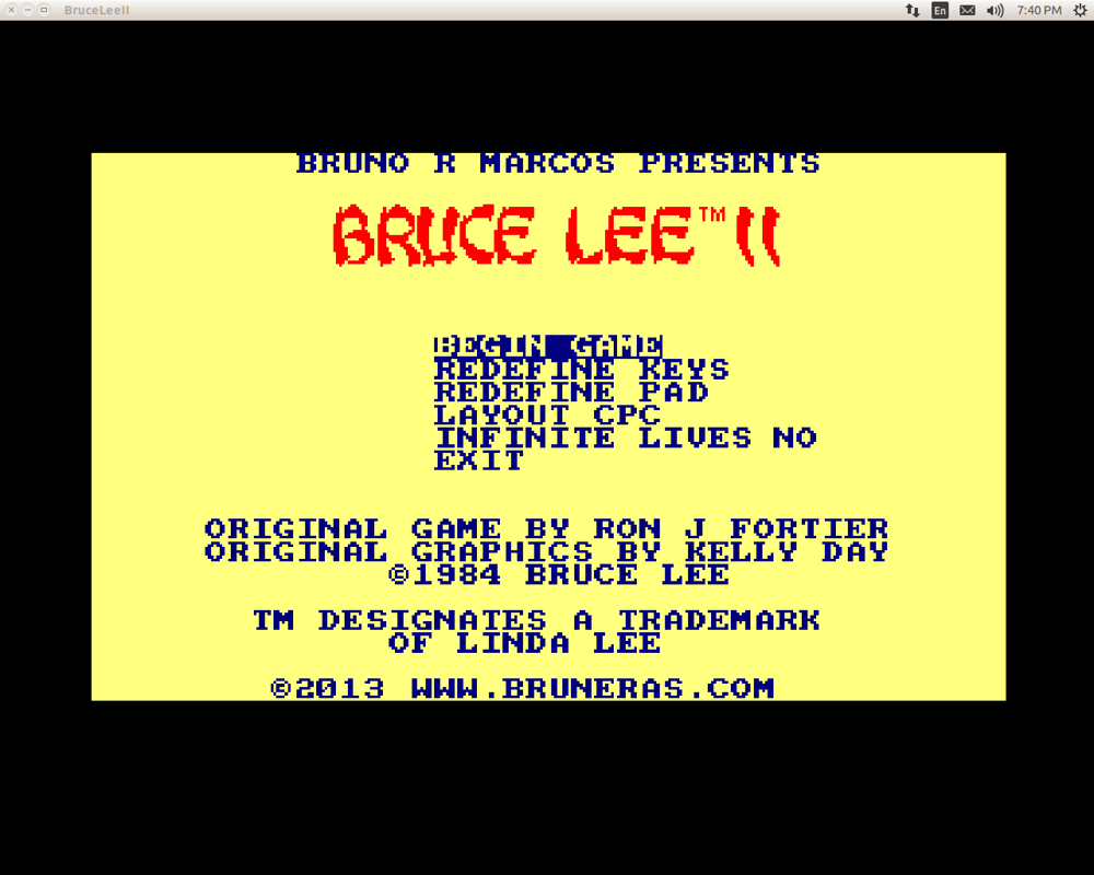 Bruce Lee II (Linux) screenshot: Title and main menu (Amstrad CPC mode)