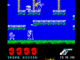 Cobra (ZX Spectrum) screenshot: Hamburger on the left is really a random weapon.
