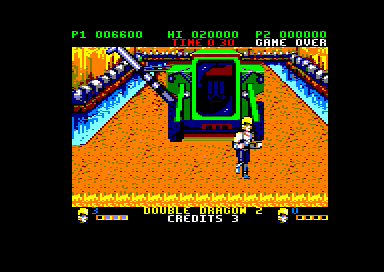 Double Dragon II: The Revenge (Amstrad CPC) screenshot: What's in that vehicle (128K floppy disk version)?