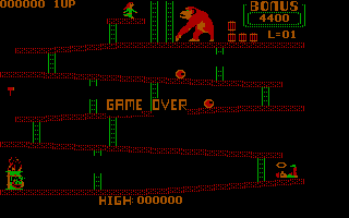 Donkey Kong (PC Booter) screenshot: Level 1- Killed and game over (CGA with Full Color)