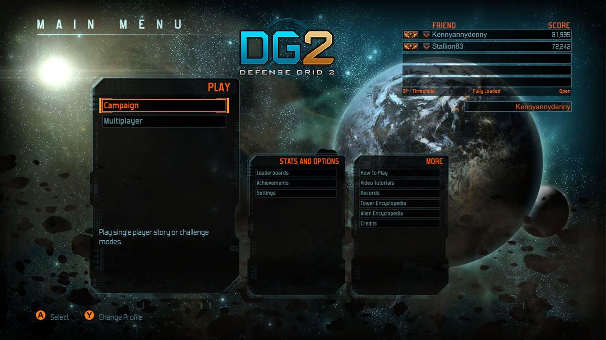Defense Grid 2 (Xbox One) screenshot: The main menu.