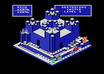 Crystal Castles (Atari 8-bit) screenshot: If you can grab that hat, you'll be temporarily invincible