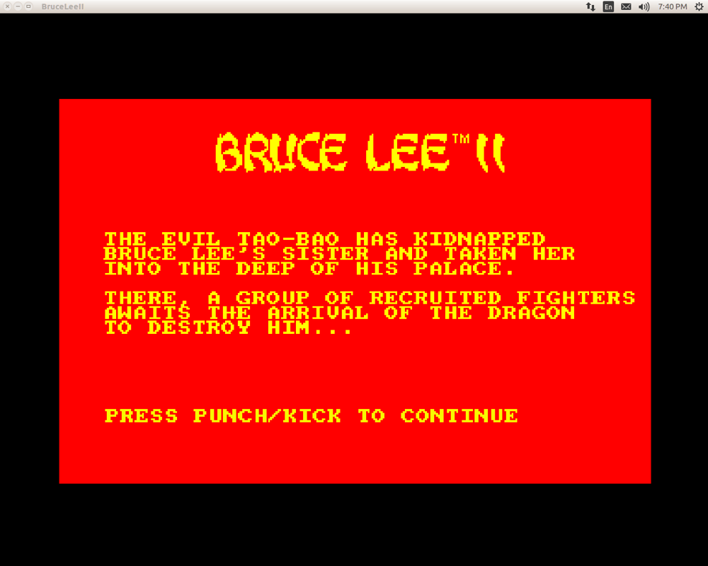 Bruce Lee II (Linux) screenshot: Opening story (Amstrad CPC mode)