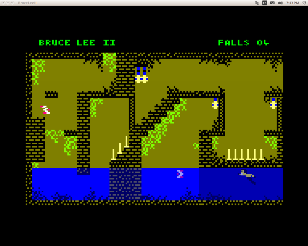 Bruce Lee II (Linux) screenshot: Another section of the underground river (Amstrad CPC mode)