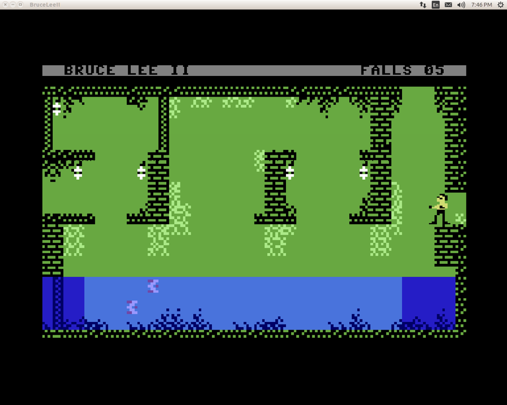 Bruce Lee II (Linux) screenshot: An underground river with flowing spikes (C64 mode)