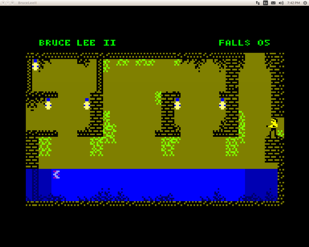 Bruce Lee II (Linux) screenshot: An underground river with flowing spikes (Amstrad CPC mode)