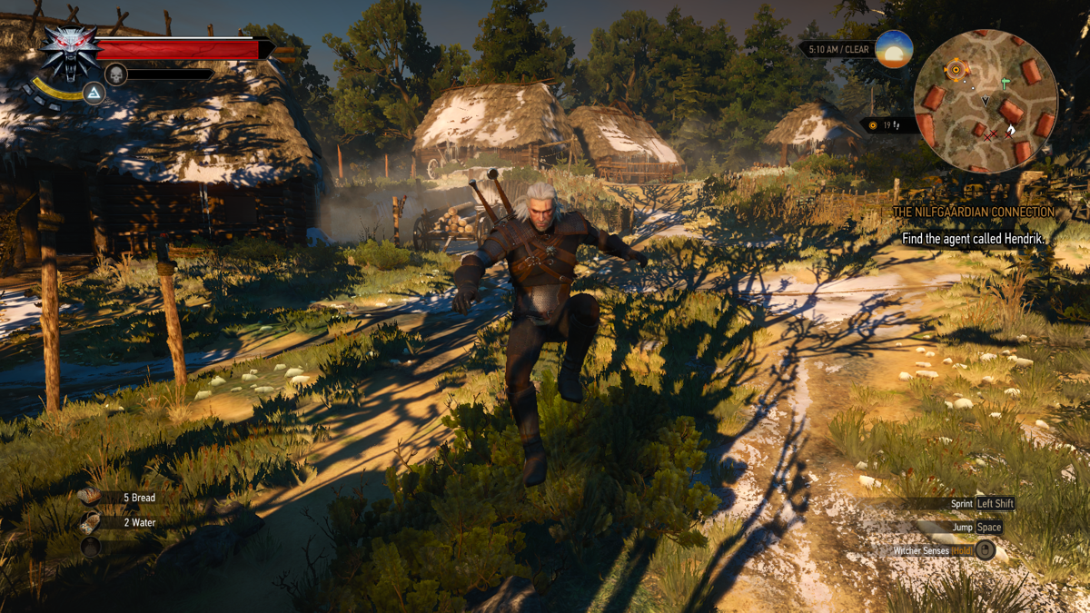 The Witcher 3: Wild Hunt (Windows) screenshot: Jumping around like an idiot in a picturesque, misty village