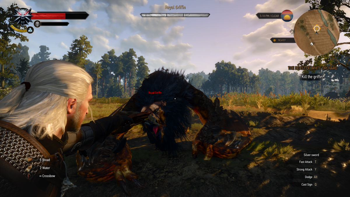 The Witcher 3: Wild Hunt (Windows) screenshot: Boss battle against a Royal Griffin! What a face! And look at me with my brand new crossbow!..