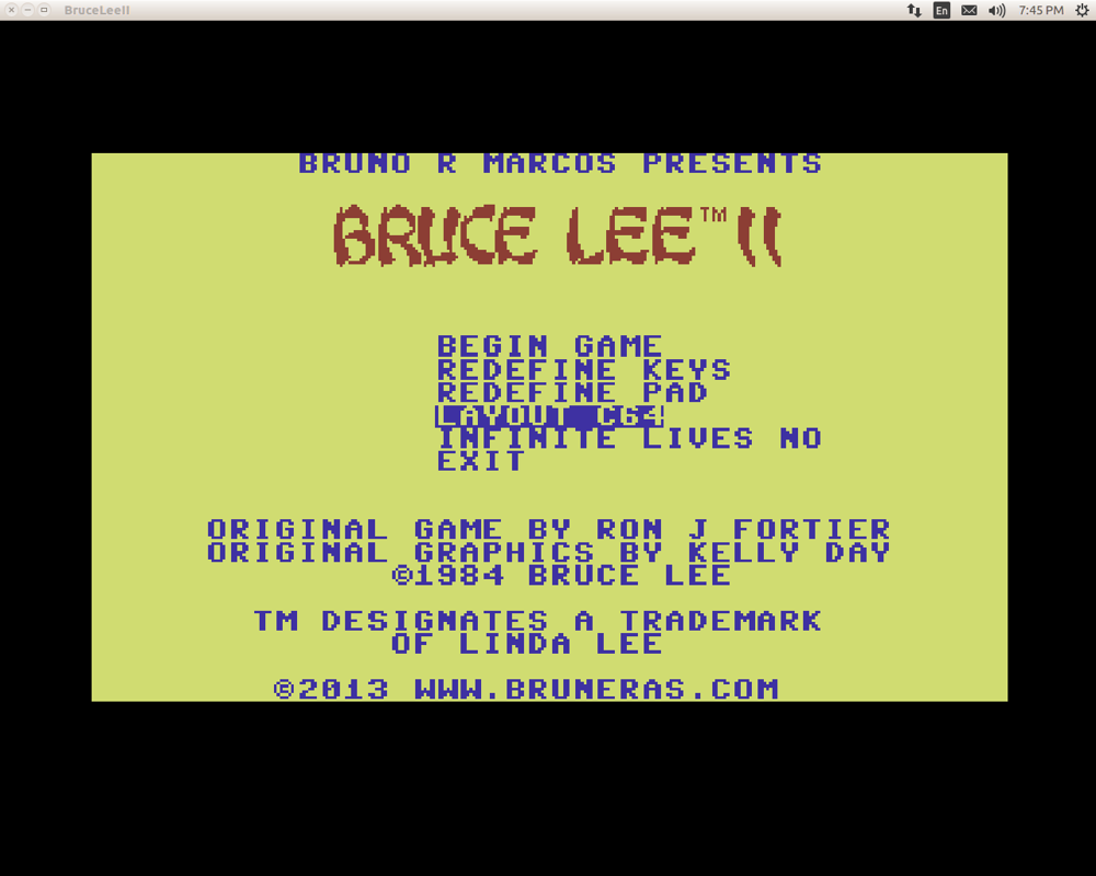 Bruce Lee II (Linux) screenshot: Title and main menu (C64 mode)