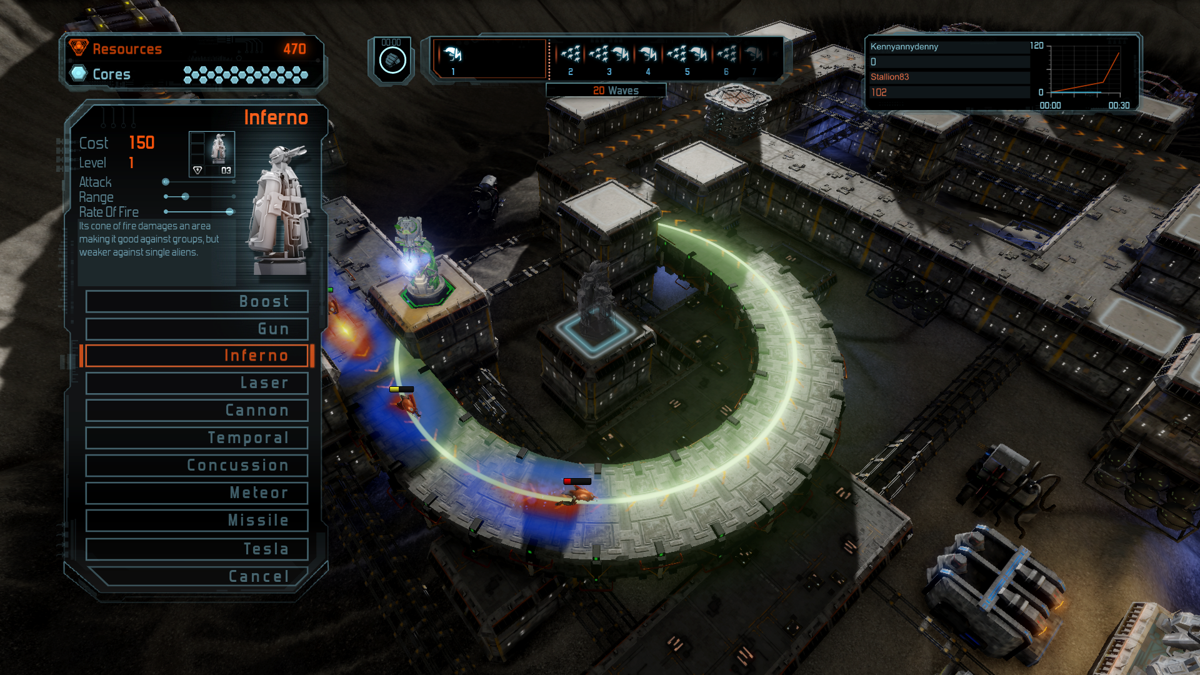 Defense Grid 2 (Xbox One) screenshot: The first aliens arrive. They'll follow the yellow path that has been marked. It is the quickest way to our cores!