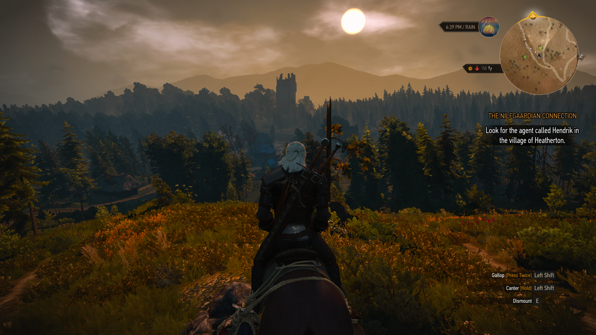The Witcher 3: Wild Hunt (Windows) screenshot: Gorgeous view with a young sunset and a mysterious tower ahead