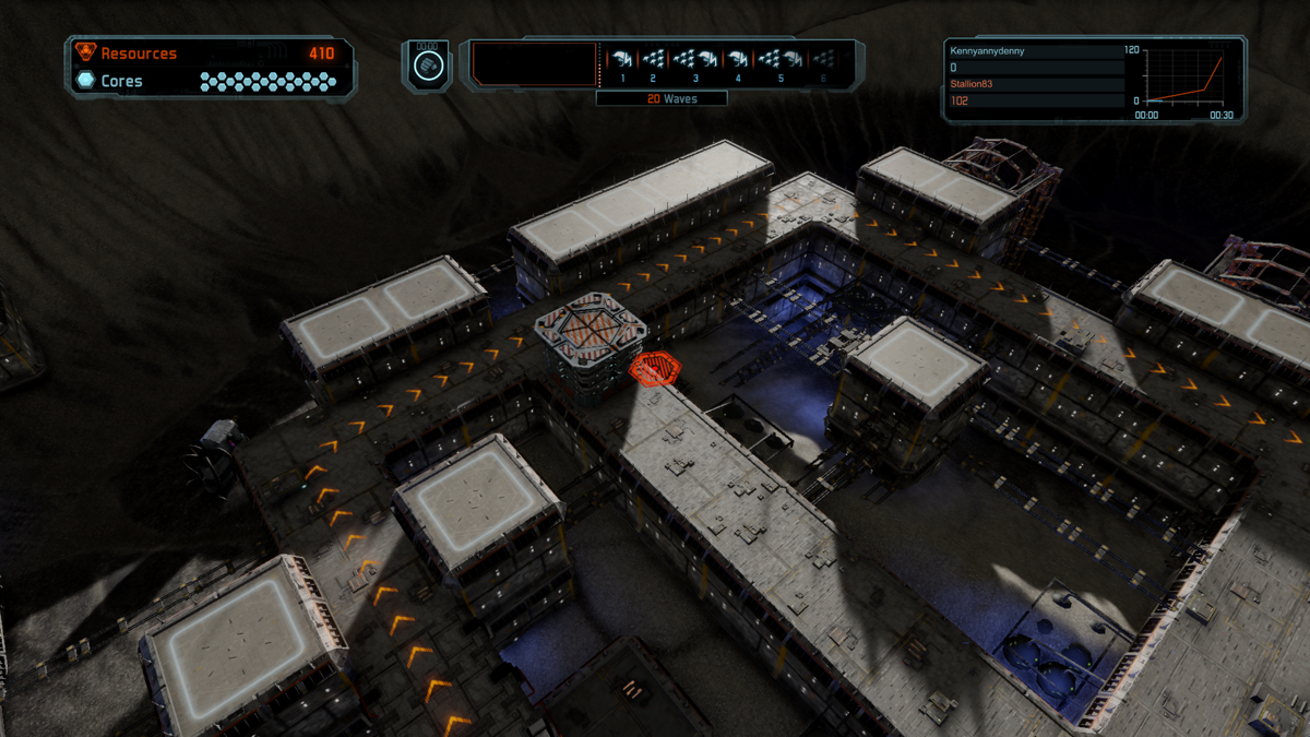 Defense Grid 2 (Xbox One) screenshot: Fortunately towers can block certain paths, making the enemies walk a longer route past more towers.