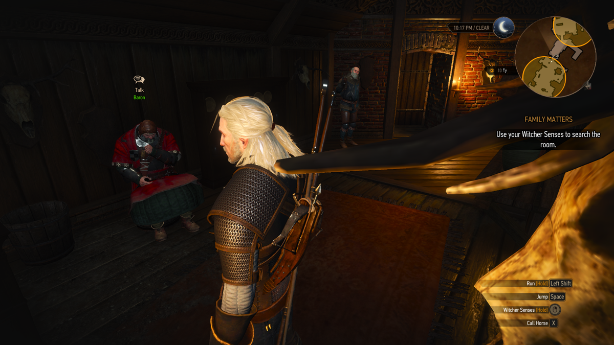 The Witcher 3: Wild Hunt (Windows) screenshot: Realistic detail - the Baron here is coughing and hitting himself on the chest because he smokes his pipe too much
