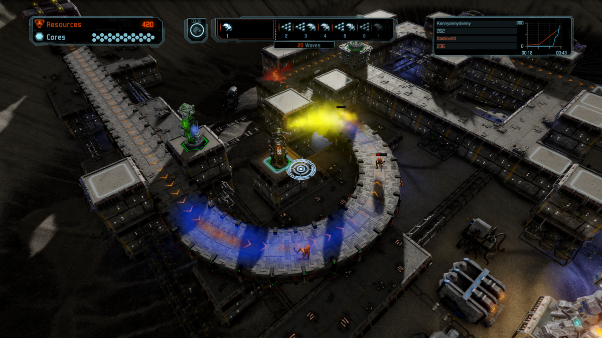 Defense Grid 2 (Xbox One) screenshot: We can build a large number of towers, including this flamer tower. Burn them all!