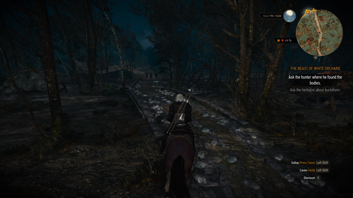 The Witcher 3: Wild Hunt (Windows) screenshot: Dynamic weather effects - looks amazing. It's dark, it rains, I'm somewhere in deep forest, shady figures are ahead... Atmosphere, atmosphere!