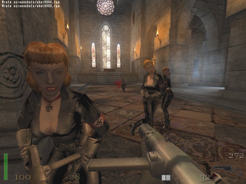 Return to Castle Wolfenstein: Game of the Year (Windows) screenshot: Battling Helga Von Bulow's black leather clad Elite Guard in the abandoned church. These ladies are actually overdressed considering the genre of game they're in.