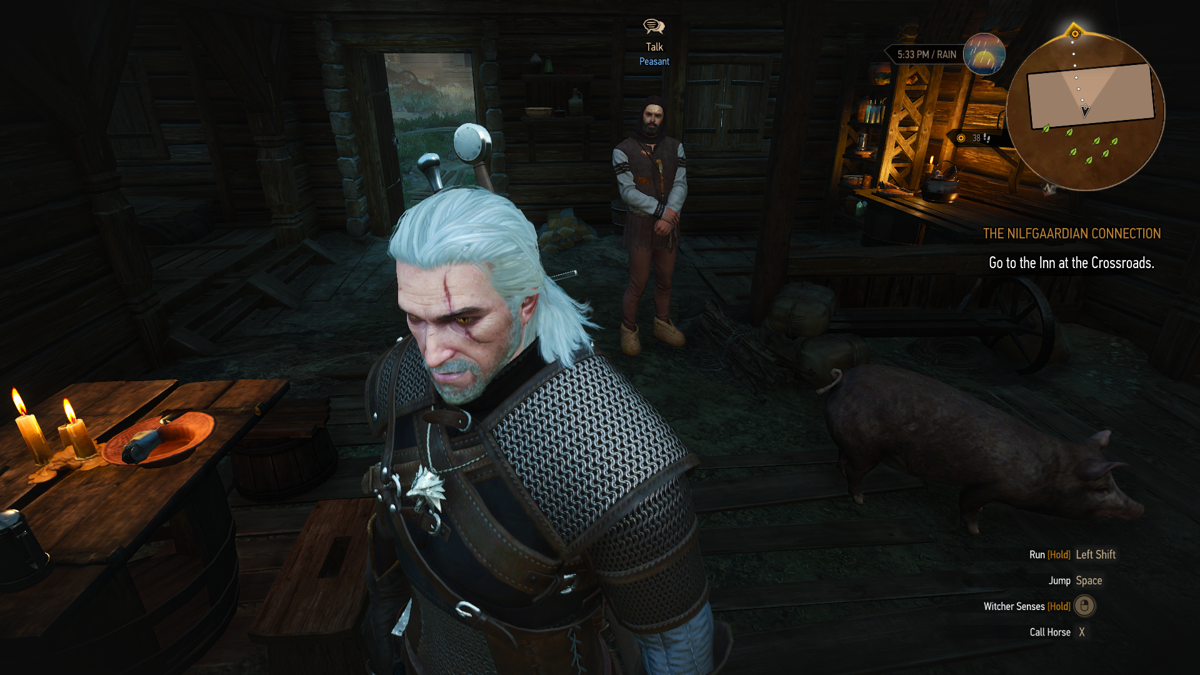 The Witcher 3: Wild Hunt (Windows) screenshot: Found your new best friend, Geralt? It's okay if you just want some bacon - Jesus has fulfilled the law and all
