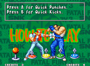 Fatal Fury 3: Road to the Final Victory (Neo Geo) screenshot: One more time, learn (or revise) the basic game moves in the classic "How To Play" screen.