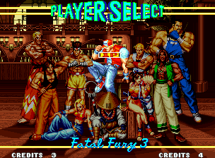 Fatal Fury 3: Road to the Final Victory (Neo Geo) screenshot: Select your fighter (including some new) and have a good match!