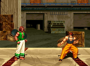 Fatal Fury 3: Road to the Final Victory (Neo Geo) screenshot: Hon Fu and Bob Wilson get ready to "bring it on."