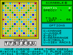 The Computer Edition of Scrabble Brand Crossword Game (ZX Spectrum) screenshot: My opening rack