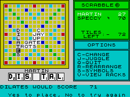 The Computer Edition of Scrabble Brand Crossword Game (ZX Spectrum) screenshot: Scoring a 50-bonus by using the blank as an 'e'