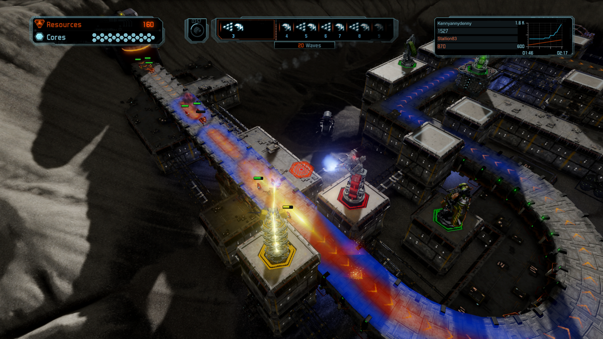 Defense Grid 2 (Xbox One) screenshot: Towers can be upgraded to do more damage and have, for example, a wider spread. Towers that are upgraded once become yellow, towers upgraded twice become red.