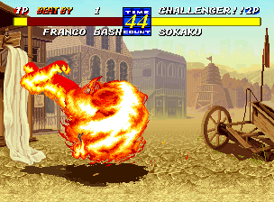 Fatal Fury 3: Road to the Final Victory (Neo Geo) screenshot: Surrounded by fire, Sokaku teaches Franco Bash that it is a potentially lethal weapon when used in the wrong hands...