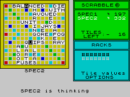 The Computer Edition of Scrabble Brand Crossword Game (ZX Spectrum) screenshot: 'Balanced' was a good Spec move