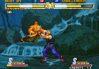 Garou: Mark of the Wolves (Neo Geo) screenshot: As many other arenas in this game Gato's arena changes as the battle goes on