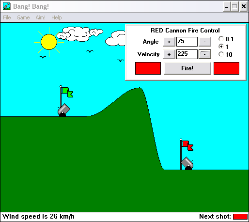 Bang! Bang! (Windows 3.x) screenshot: Take aim. Choose your angle and velocity. Then, fire.