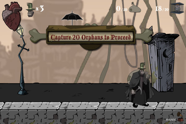 Orphan Feast (Browser) screenshot: Tom can't go to the next stage yet.