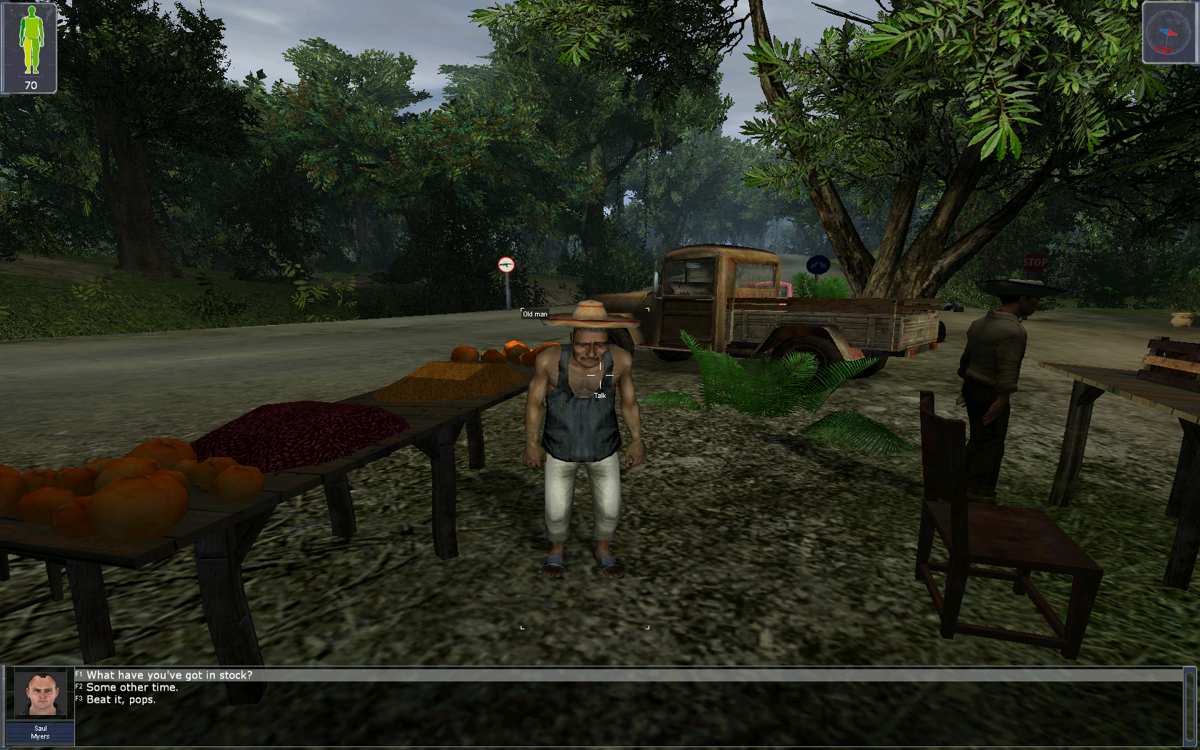 Boiling Point: Road to Hell (Windows) screenshot: You can talk to any person in this huge game. Some dialogues are rather generic, like with this simple seller on the jungle road...