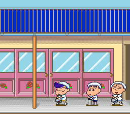 Crayon Shin-chan: Arashi o Yobu Enji (SNES) screenshot: Carry the bucket without tripping everybody up