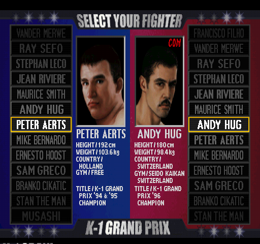 K-1 Grand Prix (PlayStation) screenshot: Select your fighter.